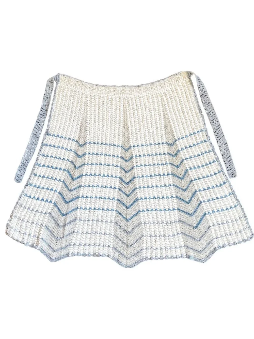 Vintage Hand-Crocheted Crochet Half Apron Blue & White Chevron Pattern